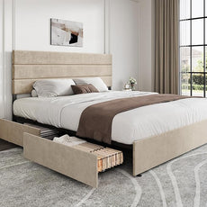 WLIVE King Size Upholstered Bed Frame with 4 Storage Drawers and Headboard, Velvet Platform Bedframe, Sturdy Metal & Wooden Slats Support, No Box Spring Needed, Easy Assembly, Beige