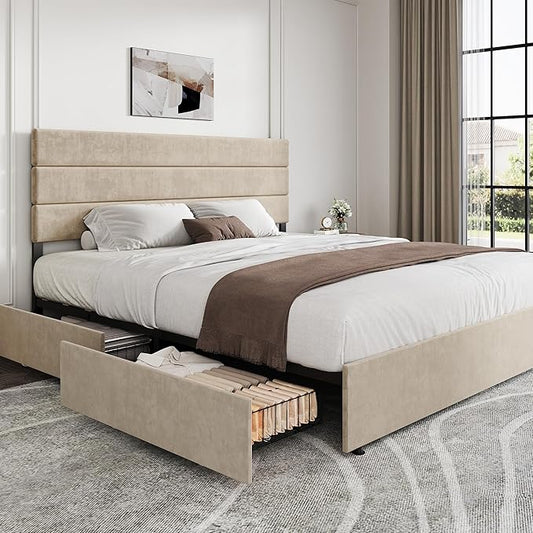 WLIVE King Size Upholstered Bed Frame with 4 Storage Drawers and Headboard, Velvet Platform Bedframe, Sturdy Metal & Wooden Slats Support, No Box Spring Needed, Easy Assembly, Beige