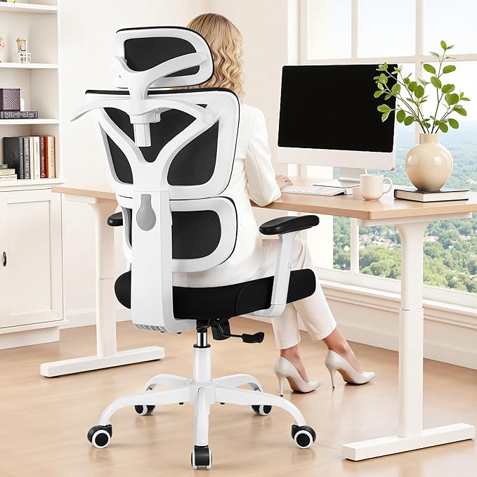 Ergonomic Office Chair High Back Desk Chair with Lumbar Support, Breathable Mesh Computer Chair with Adjustable Armrests Height, Reclining Swivel Big and Tall Gaming Chair for Home Office(White)