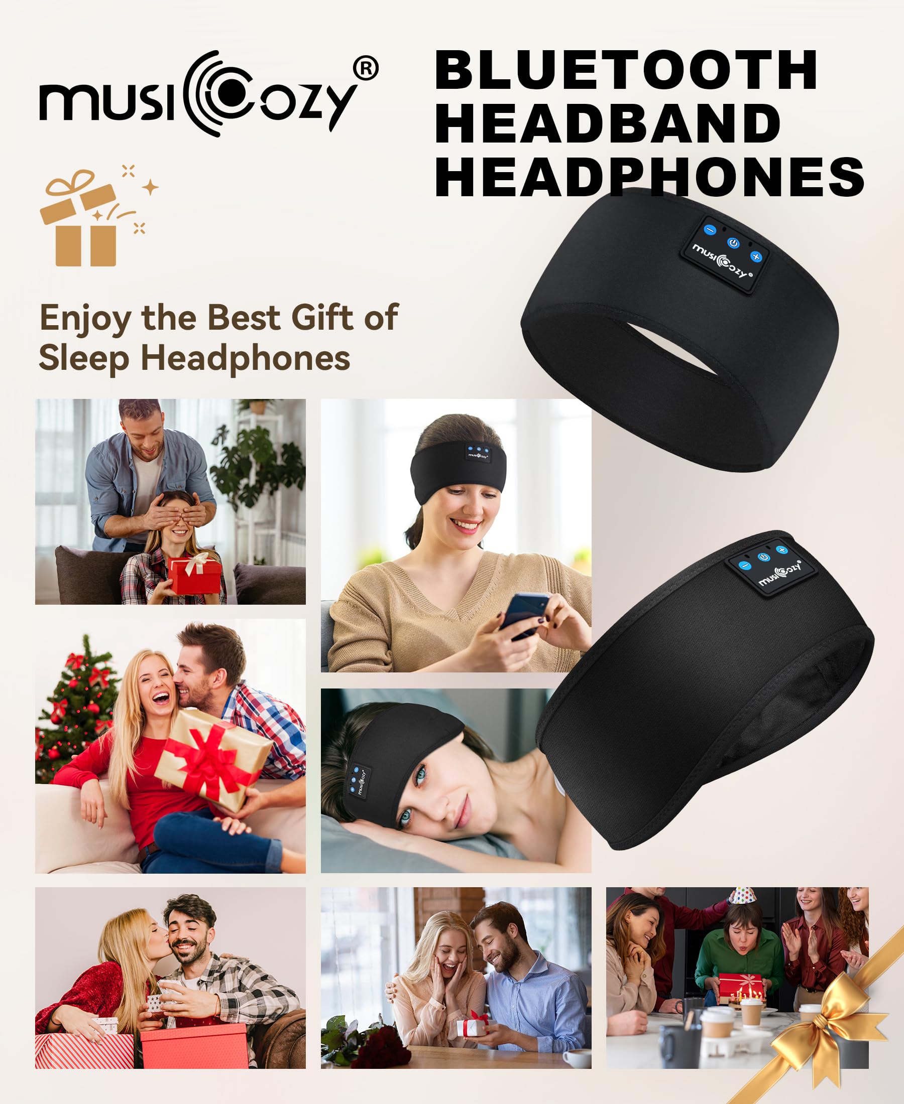 MUSICOZY Sleep Headphones Bluetooth 5.4 Headband, Sports Wireless Earphones Sweat Resistant Earbuds Sleeping Headphone with Ultra-Thin HD Stereo Speaker for Workout Running Cool Gadgets Unique Gifts Dormly