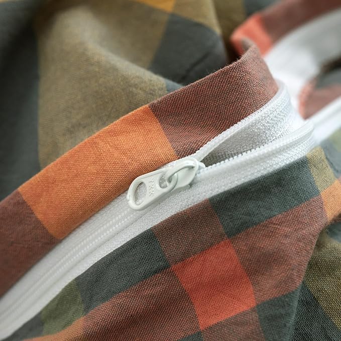 VM VOUGEMARKET Teen Boys Duvet Cover Set Twin Orange Grey Green Gingham Duvet Cover with Zipper Closure Soft Washed Cotton Modern Cozy Bedding Set- 68x86 Inch