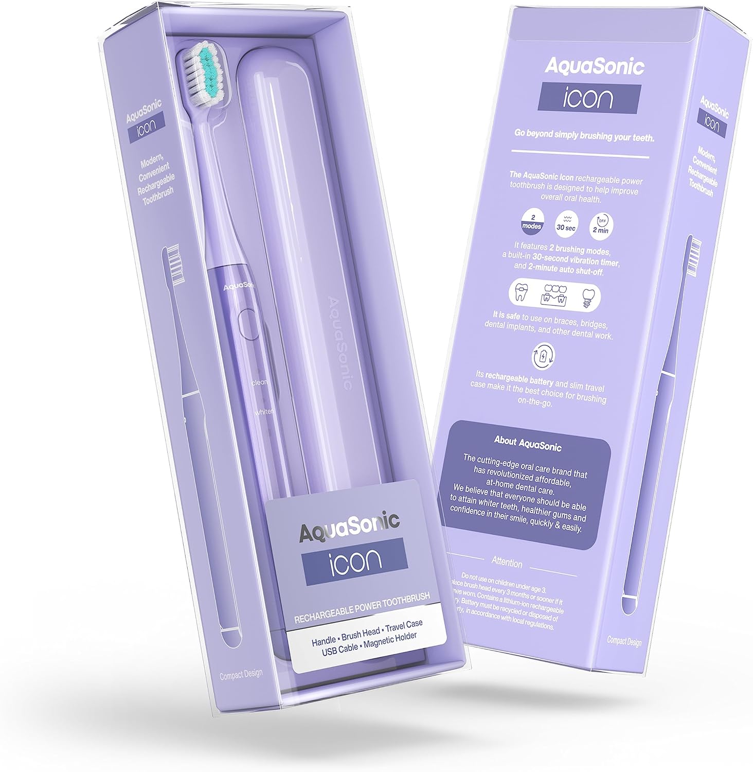 Aquasonic Icon ADA-Accepted Rechargeable Toothbrush | Magnetic Holder & Slim Travel Case | 2 Brushing Modes & Smart Timers | Gentle Micro-Vibrations (Lilac)