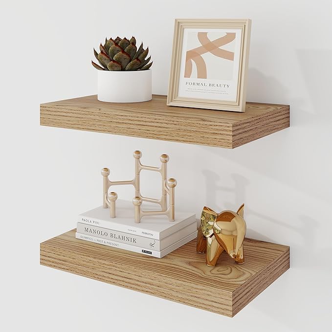 16 Inch Floating Shelves, 9.3" Deep Floating Shelf Wall Mounted, 16" Wall Shelves, Rustic Deep Bookshelf, Large Display Shelves & Storage Shelves for Bedroom, Living Room, Light Brown, Set of 2