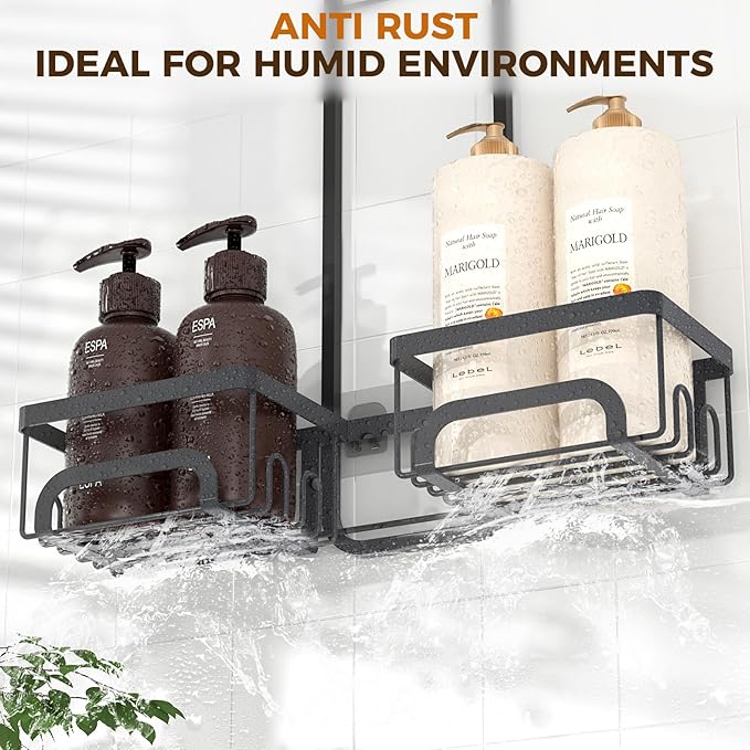 REINHARDT Shower Caddy Hanging for Handheld Showerheads Adjustable Split Shower Caddy, Rustproof Shower Organizer with Hooks for Razors Over the Head Caddy with Soap Holder Bathroom Accessories, Black