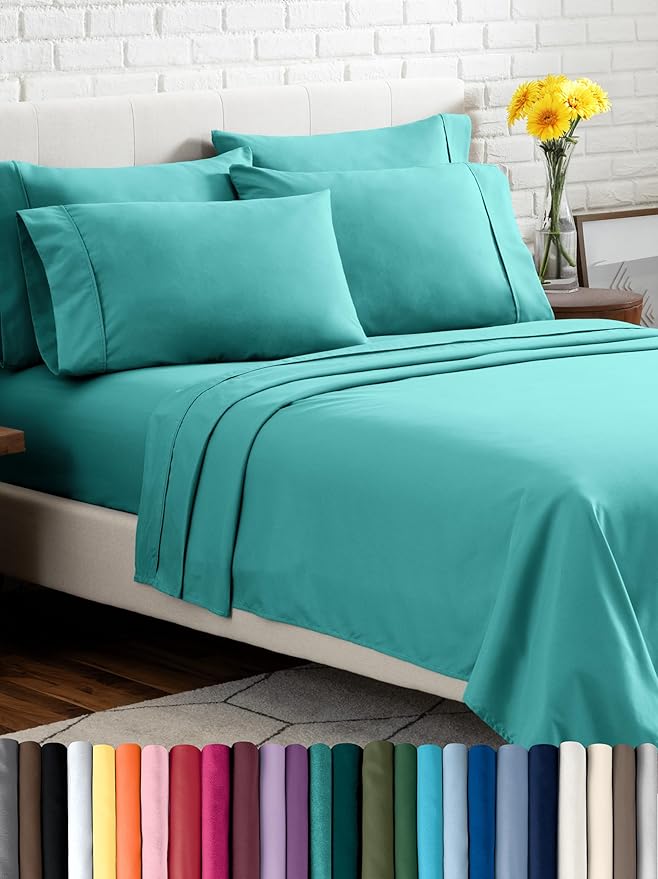 Bare Home Hotel Luxury Full XL Sheet Set, Extra Soft - 6 Piece Set - Deep Pockets - Easy Fit - Cooling & Breathable - Wrinkle, Fade, Stain Resistant - Includes 4 Pillowcases (Full XL, Turquoise)