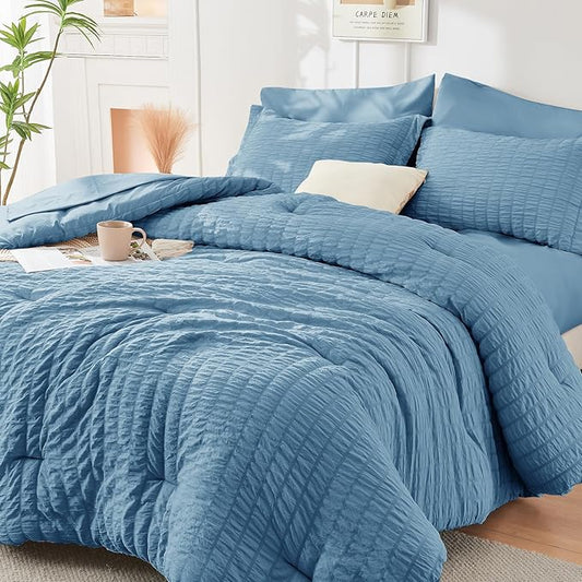 HYMOKEGE Mineral Blue California King Comforter Set Seersucker 7 Pieces, All Season Luxury Bed in a Bag for Bedroom, Bedding Set with Comforter, Sheets, Pillowcases & Shams