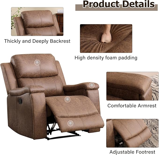 CANMOV Leather Recliner Chair Set of 2, Classic and Traditional Manual Recliner Chair with Overstuffed Arms and Back, Manual Single Sofa with Concealed Cup Holders,Nut Brown