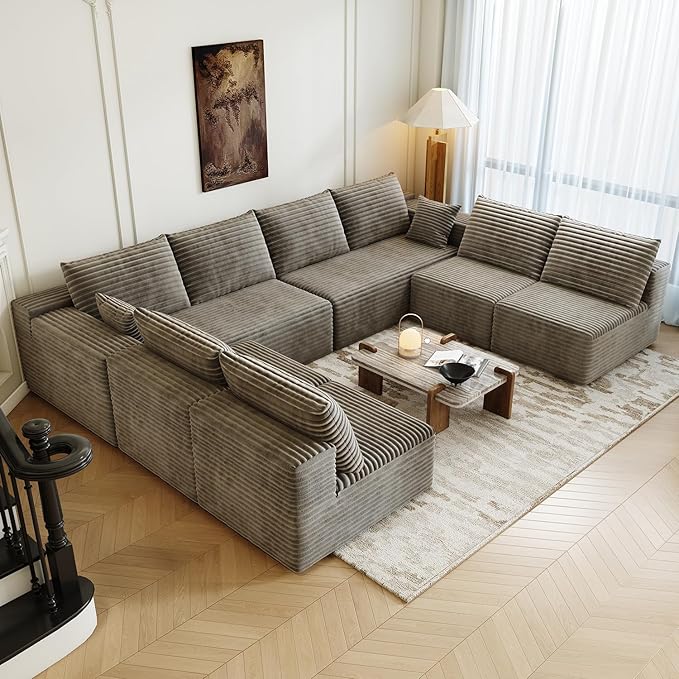 139.4" Modular Sectional Sofa Couch, Oversized U-Shaped Minimalist Couches with 4 Middle Seats Chaise, Modern Deep Seat Cloud Plush Corduroy Sofas Set for Living Room, 8 Seater, Camel