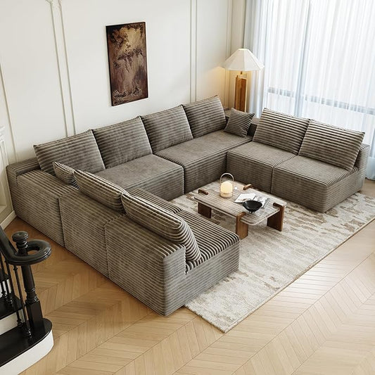 139.4" Modular Sectional Sofa Couch, Oversized U-Shaped Minimalist Couches with 4 Middle Seats Chaise, Modern Deep Seat Cloud Plush Corduroy Sofas Set for Living Room, 8 Seater, Camel