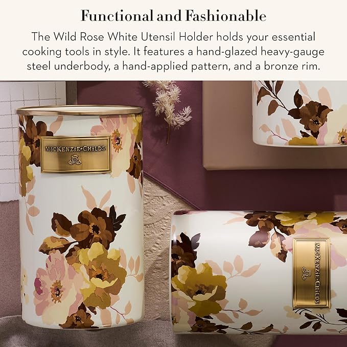 MACKENZIE-CHILDS Enamel Utensil Holder, Stylish Kitchen Countertop Organizer, Wild Rose White