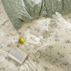 MKXI Full Size Beige & Green Floral Comforter Set - 3 Piece Ruffled Lace Bedding Set with Reversible Design, Soft Aesthetic Cottagecore Style Green Leaf Comforter for Girls, Women, and Teens