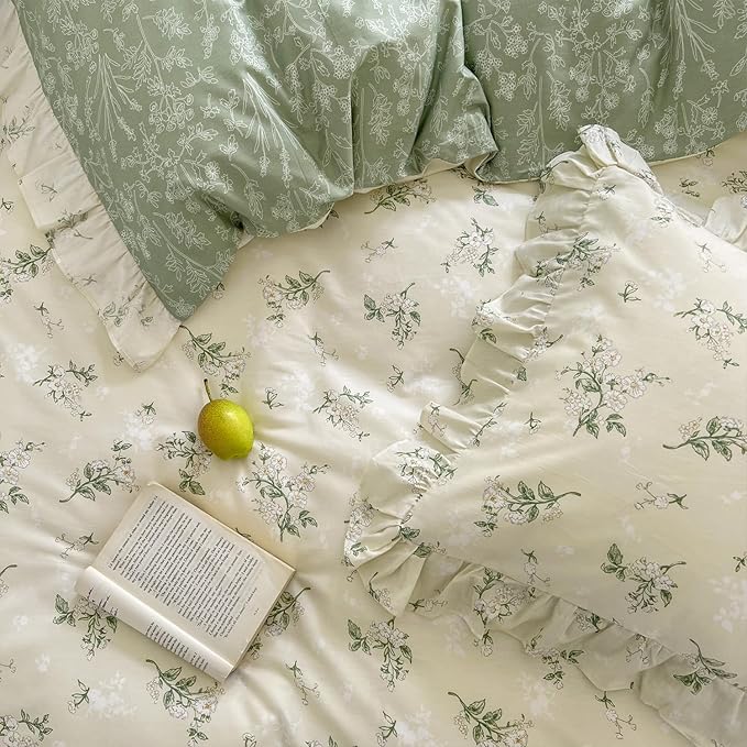 MKXI Twin XL Size Beige & Green Floral Comforter Set - 3 Piece Ruffled Lace Bedding Set with Reversible Design, Soft Aesthetic Cottagecore Style Green Leaf Comforter for Girls, Women, and Teens