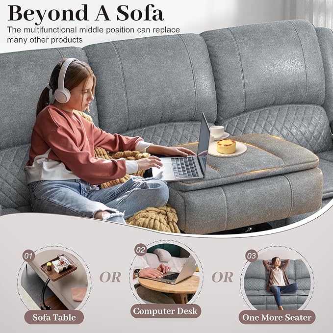 3-Seater Recliner Sofa, Manual Reclining Couch with Multi-Functional Middle Seat, Reclining Sofa for Living Room with Hidden Storage Space, Cup Holders, and Removable Console