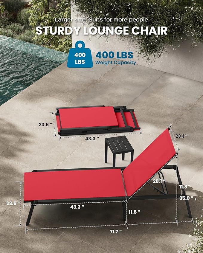 Foldable Pool Lounge Chairs, Aluminum Chaise Lounge Outdoor with 5 Positions Recliner - Free Assembly - Patio Lounge Chair for Poolside, Beach (Red)