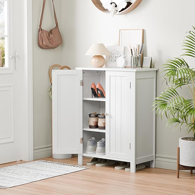 SUPER DEAL Modern Bathroom Floor Storage Cabinet with Adjustable Shelf and Double Door Rust Proof, Living Room Modern Home Furniture Storage Organizer Cabinet