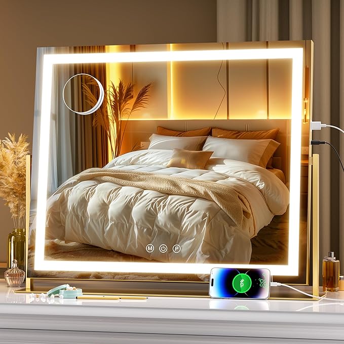 Hasipu Vanity Mirror with Lights, 25.6" x 21.3" LED Makeup Mirror, Light up Mirror with 10X Magnification, USB Charging Port, Smart Touch 3 Colors Dimmable, 360° Rotation (Gold)