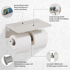 Toilet Paper Roll Holder Bathroom Decor - Double Roll Toiler Tissue Holder with Mobile Phone Shelf - Dual Toilet Paper Holder Wall Mount and Self Adhesive Paper Roll Dispenser – Matte White