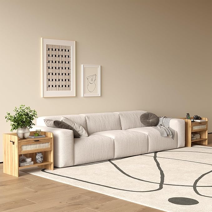 Rattan Nightstand Set of 2, Bedside Table with Type-C Charging Station - 1 Drawer & Open Storage Space, Boho End Table Side Table for Bedroom, Large Rattan Night Stand with Charging Port