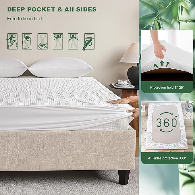 GRT King Waterproof Mattress Protector, Rayon Made from Bamboo Mattress Cover, Breathable Cooling Soft Mattress Protector, Machine Washable Mattress Pad with 8''- 26'' Deep Pocket