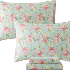 FADFAY Sheets Set Full Pink Rose Floral Shabby Yellow Peony Bed Sheet Set Vintage Farmhouse Cotton Soft Breathable With Deep Pocket Fitted Sheet 4Pcs, Full Size