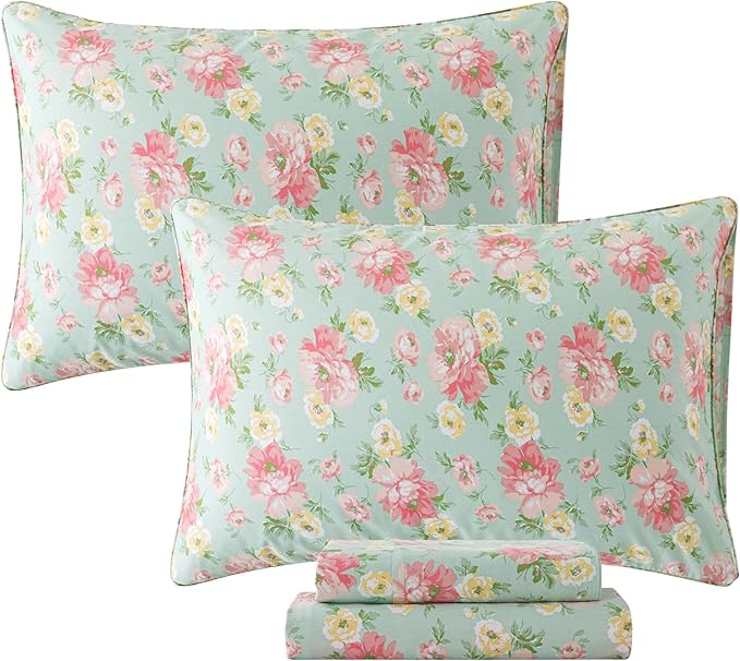 FADFAY Sheets Set Full Pink Rose Floral Shabby Yellow Peony Bed Sheet Set Vintage Farmhouse Cotton Soft Breathable With Deep Pocket Fitted Sheet 4Pcs, Full Size