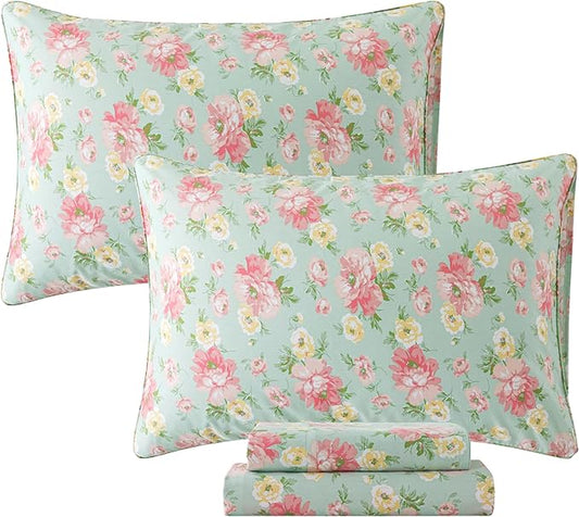 FADFAY Sheets Set Full Pink Rose Floral Shabby Yellow Peony Bed Sheet Set Vintage Farmhouse Cotton Soft Breathable With Deep Pocket Fitted Sheet 4Pcs, Full Size