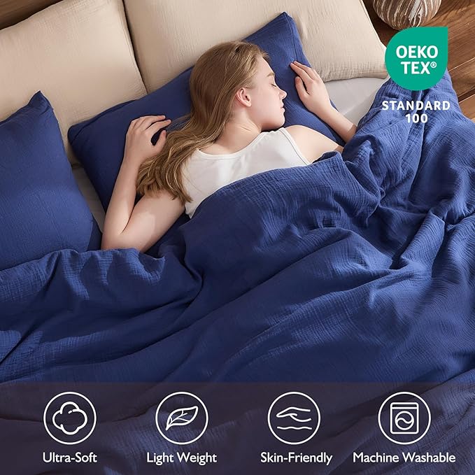 EMME Muslin Cotton Duvet Cover Set Navy Queen Size Linen Like Soft Breathable Lightweight Summer Comforter Cover Set with Zipper Closure (Navy, Queen, 90"x90")