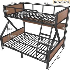 Full XL over Queen Bunk Bed with Storage Shelves, Metal Bunk Beds with Ladders and LED Lights, Heavy-duty Bunkbed for Bedrooms, Guest Rooms and Dorms, No Box Spring Needed and Noise-free Design, Black