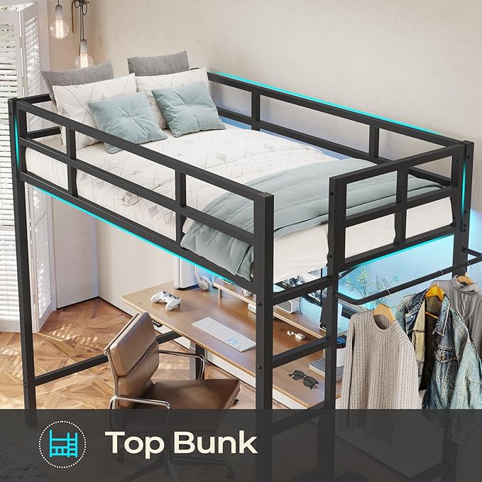 DICTAC Loft Bed Twin Size with Ladder and Guardrail,Metal Twin Loft Bed with Led Lights,Small Space Saving Furniture Design for Bedroom,Kid Room and Dorm,No Box Spring Needed, Black