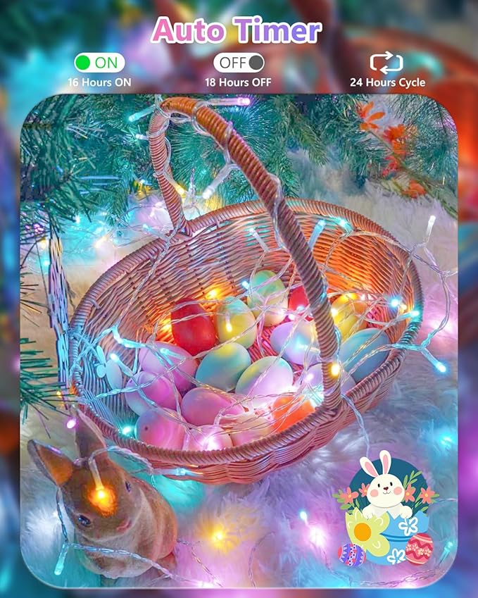 Easter Lights Battery Operated Fairy Lights, 2 Pack 33FT 100LED Multicolor easter String Lights, 8 Modes Waterproof Pastel Light Indoor Outdoor, Twinkle Lights for Room Garden Party Easter Decorations