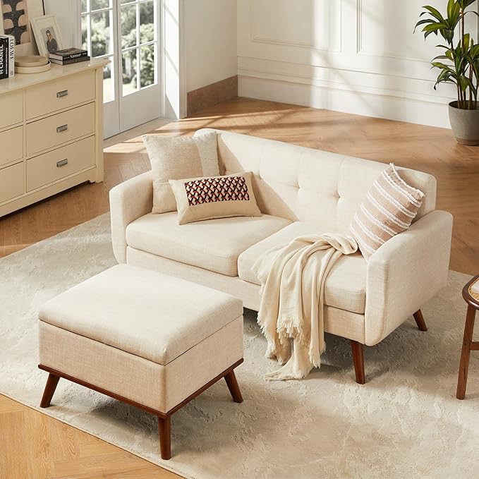Tbfit 65" W Loveseat Sofa with Ottoman Coffee Table, Mid Century Modern Love Seat Couches for Living Room, Button Tufted Upholstered Small Couch for Bedroom,Easy to Install Love Seats Furniture, Beige