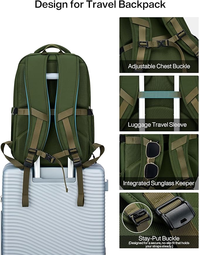 MILADA Expandable Travel Backpack 28L to 39L, TSA-Approved Carry On Backpack with 17 Inch Laptop Compartment, School Business Work Backpack for Men & Women, Green