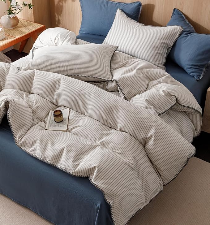 VM VOUGEMARKET Grey Blue Striped Duvet Cover King Yarn Dyed Muslin Cotton Duvet Cover with Embroidered Edge Super Soft Cozy Bedding Set for Men Women,King Size