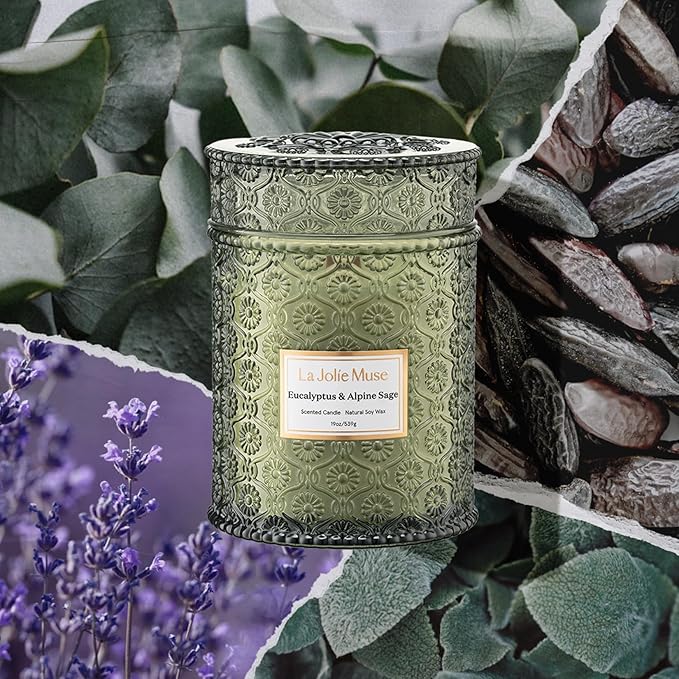 LA JOLIE MUSE Christmas Candle | Eucalyptus & Alpine Sage | Eucalyptus, Sage & Lavender | 19 oz Wooden Wick Soy Candle | 90-Hour Burn | Cozy Winter & Holiday Relaxation