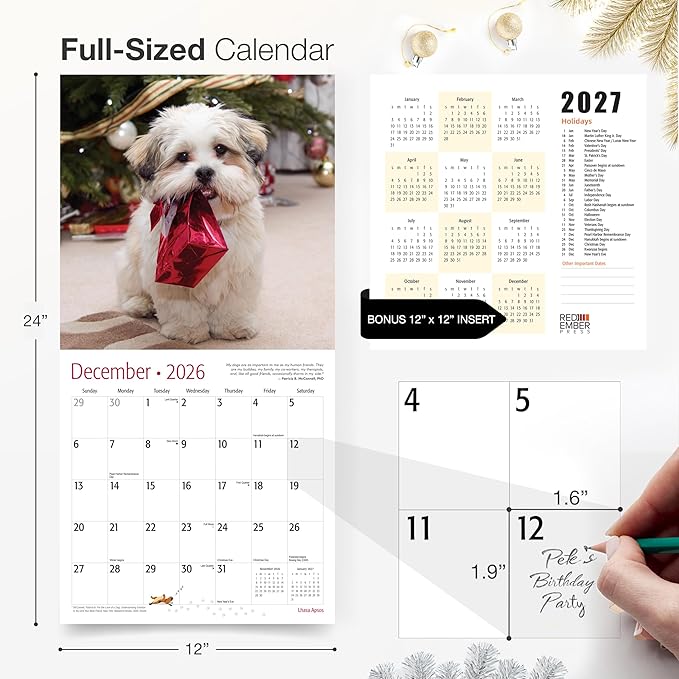 RED EMBER Lhasa Apsos 2026 Wall Calendar 12 Month | 12" x 24" Open | Thick & Sturdy Paper | Holiday Gift | Cute Puppy Dog Calendar 2026