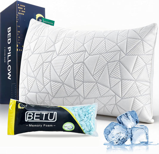BETU Standard Pillow, Cooling Shredded Memory Foam Pillow for Hot Sleepers College Dorm Room Essentials, Adjustable Firm Gel Cool Pillow for Back Pain and Side Sleeping, Birthday Gifts for Boyfriend Dormly