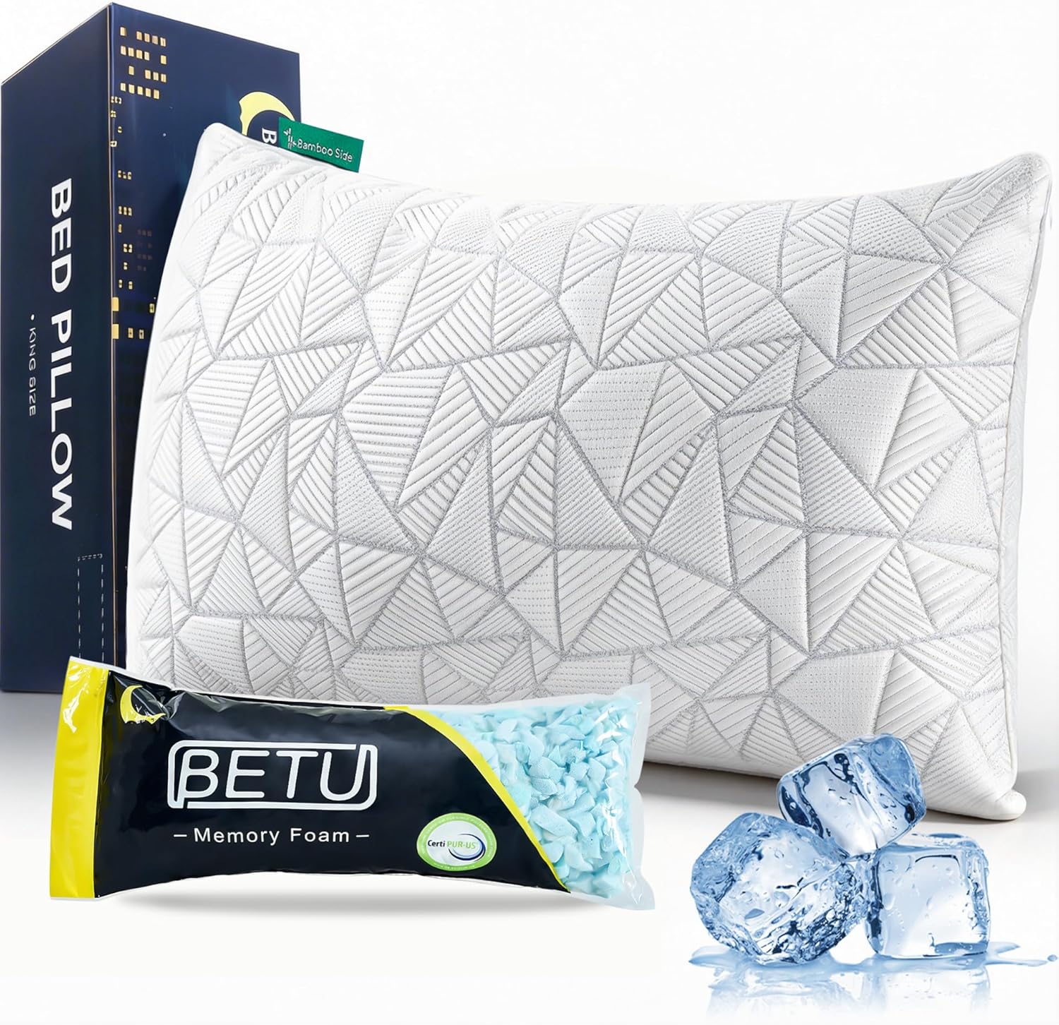BETU Standard Pillow, Cooling Shredded Memory Foam Pillow for Hot Sleepers College Dorm Room Essentials, Adjustable Firm Gel Cool Pillow for Back Pain and Side Sleeping, Birthday Gifts for Boyfriend Dormly
