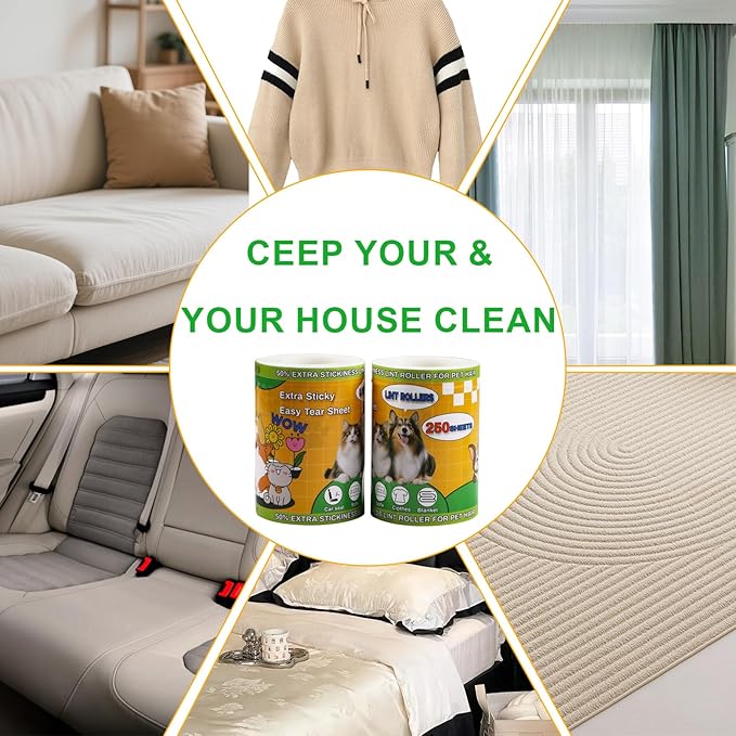 Lint Roller for Pet Hair 500 Sheets Extra Sticky Pet Hair Remover for Clothes Furniture Carpet Cleaner Cars Dogs Travel-Friendly Grip Handle Blue