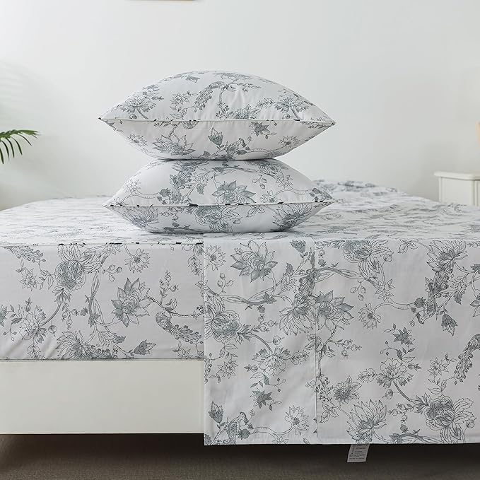 FADFAY Gray and White Sheets Set Full - Shabby Vintage Peacock Floral Bedding, Rustic Farmhouse Style, 100% Cotton Breathable With Deep Pocket Fitted Sheet, 4Pcs, Full Size