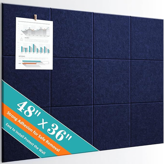 Large Cork Board 48" x 36" - Blue Bulletin Board for Walls - 12 Pack Felt Wall Tiles with 60 Pcs Safe Removable Adhesive Tabs & 40 Pcs Pushpins - for Office, School & Dart Wall Protector - Navy Blue