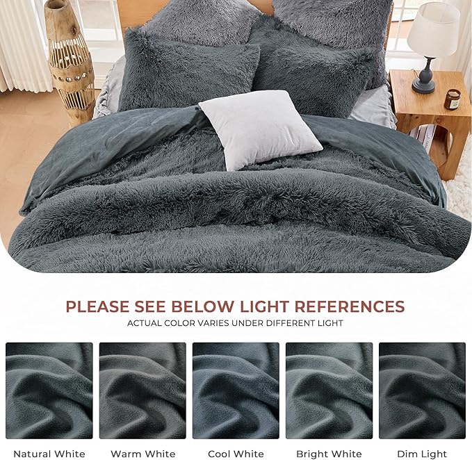 Sasttie 3-Piece Fluffy Duvet Cover King, Ultra Soft Faux Fur and Velvet Grey Comforter Cover, Luxury Fuzzy Bedding Sets for Winter Bed, Includes 1 Duvet Cover and 2 Pillowcases, No Comforter