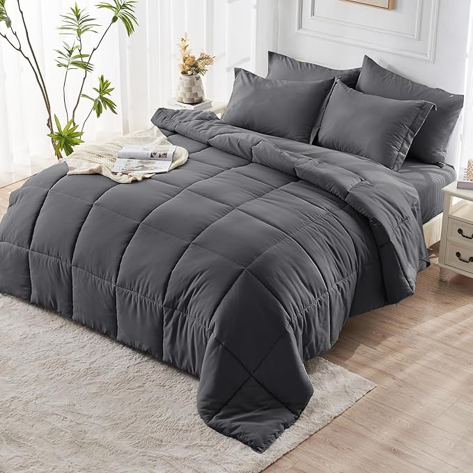JOLLYVOGUE Full Comforter Set, Ultra-Soft Bed in a Bag Full Size 7 Pieces, Oeko-TEX Certified Bedding Set with Down Alternative Comforter, Sheets, Pillowcases & Shams, Dark Grey