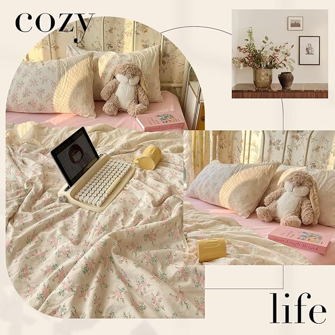 mixinni Vintage Floral Duvet Cover Set - 3 Piece Twin XL Size Pink Cottagecore Bedding with Lace Trim, Shabby Chic Bedding Set, Includes 1 Duvet Cover & 2 Pillowcases, Boho Aesthetic for Girls & Dorms