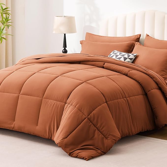 Love's cabin Full Comforter Set Burnt Orange, 7 Pieces Full Bed in a Bag, All Season Bedding Sets with 1 Comforter, 1 Flat Sheet, 1 Fitted Sheet, 2 Pillowcase and 2 Pillow Sham