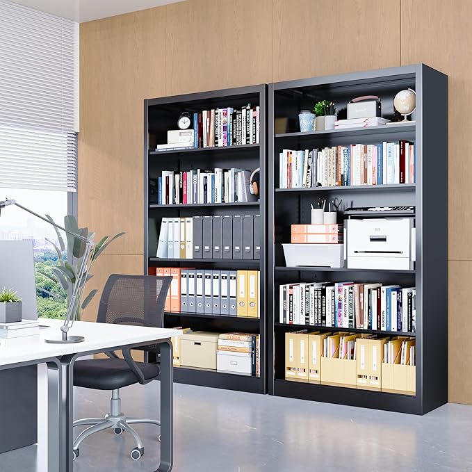 Bookcase,5 Tier Black Bookshelves,55" Tall Free Standing Metal Bookcase with Adjustable Storage Shelves, Industrial Wide Bookshelf for Bedroom Living Room Home Office School (Black)