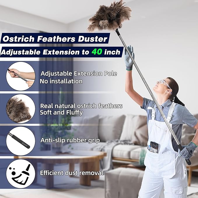 Soarer Extendable Ostrich Feather Duster - 40 inches Fluffy Long Handle Reusable Feather Duster for Cleaning Ceiling Fan,Pendant lamp, High Ceiling, Blinds, Furniture