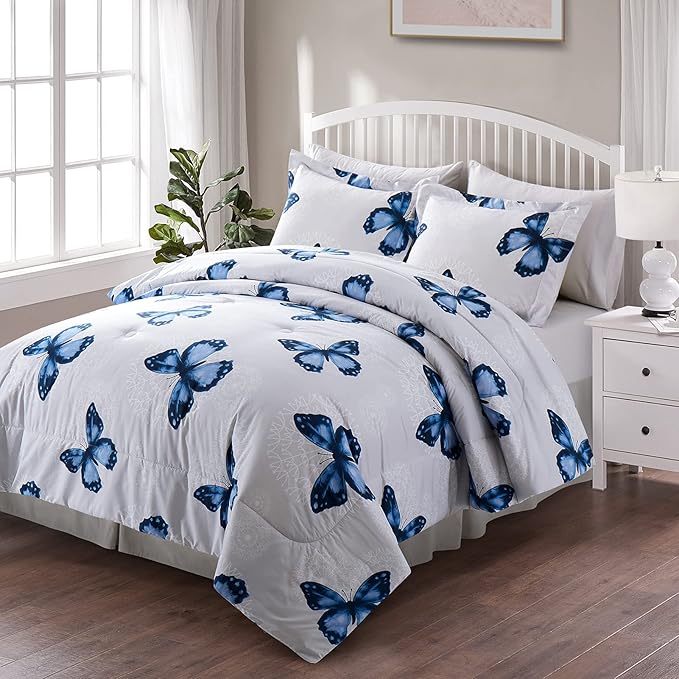 ARTALL Butterfly Pattern Bed in A Bag 6 Piece Bedding Twin Comforter Sets 1 Comforter, 1 Pillow Shams, 1 Flat Sheet, 1 Fitted Sheet, 1 Bed Skirt, 1 Pillowcases,Blue