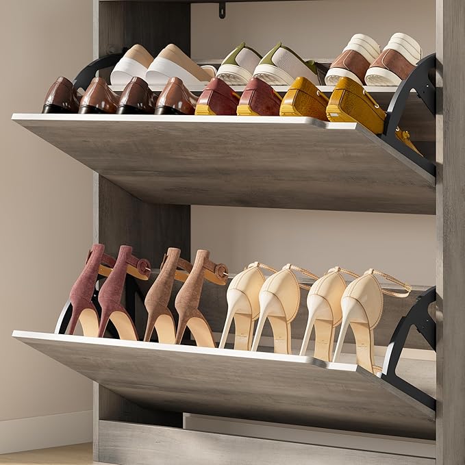 Shoe Cabinet with 2 Flip Drawers, Slim Narrow Shoe Storage Cabinet, Freestanding Shoe Organizer with Adjustable & Removable Shelves, Top Display Shelf for Entryway, Hallway, Foyer, Closet