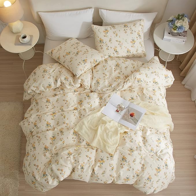 mixinni Aesthetic Floral Duvet Cover Set Twin Size, Farmhouse Boho Yellow Flowers Leaves Cute Bedding Set for Women, 1 Soft Cotton Chic Duver Cover and 2 Pillowcases for All Seasons-Twin Size