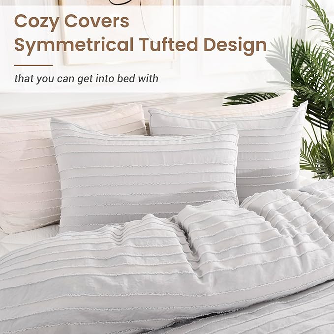 NEXHOME PRO Duvet Cover Queen Size, Light Grey 3 Pieces Boho Tufted Duvet Cover Set, Soft and Lightweight Microfiber Comforter Cover Set for All Season (Light Grey, 90 x 90)-No Comforter